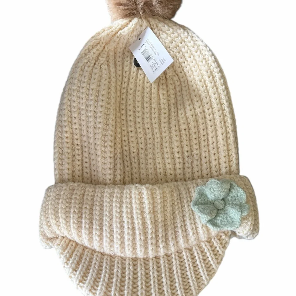 Jessica Simpson Cream Knit Pom Beanie with Mint‎ Flower Accent